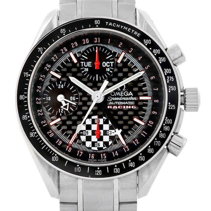 The Omega Speedmaster watch is shown from a front angle, displaying the face, bezel, and chronograph dials clearly.