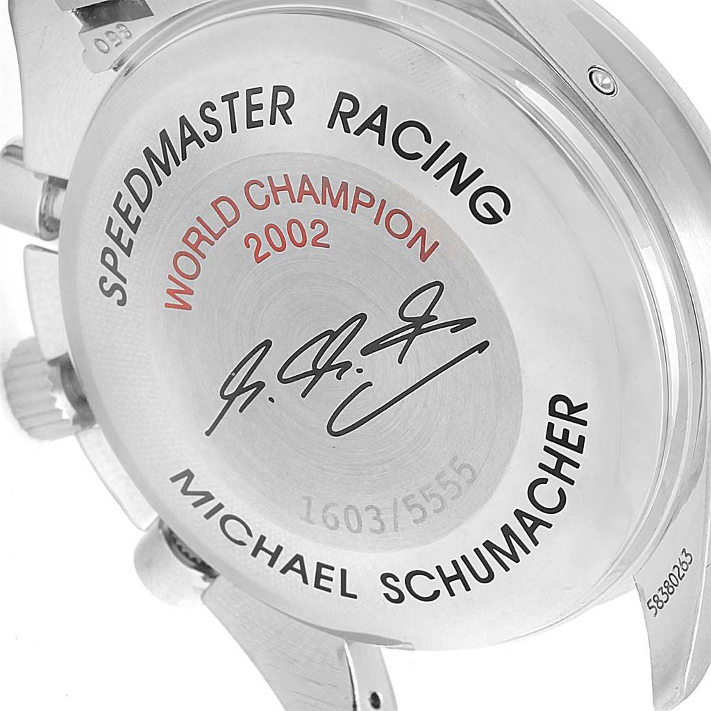 The image shows the back case of the Omega Speedmaster 3529.50.00 Men
s Stainless Steel Black Dial 3529.50.00 Men
s Stainless Steel Black Dial Racing watch, featuring engraved text and an autograph.