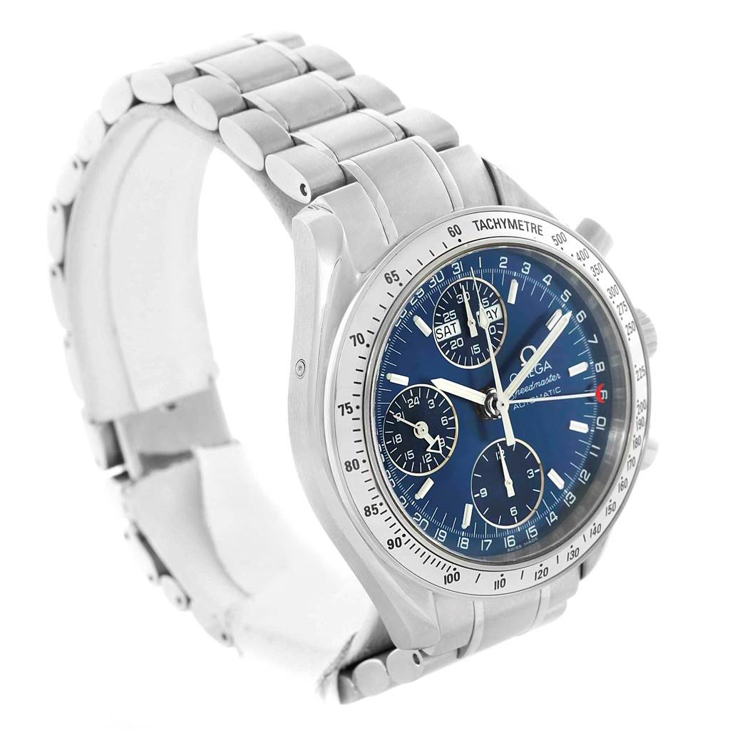The Omega Speedmaster 3523.80.00 Men's Stainless Steel Blue Dial 3523.80.00 Men's Stainless Steel Blue Dial watch is shown at a three-quarter angle displaying its blue dial, tachymeter bezel, chronograph subdials, and metal bracelet.