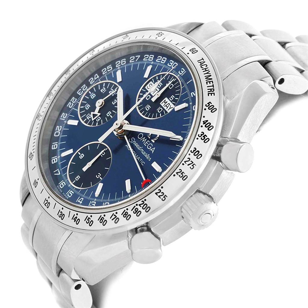 The image shows a side angle of the Omega Speedmaster 3523.80.00 Men's Stainless Steel Blue Dial 3523.80.00 Men's Stainless Steel Blue Dial watch, highlighting the face, bezel, crown, and chronograph pushers.