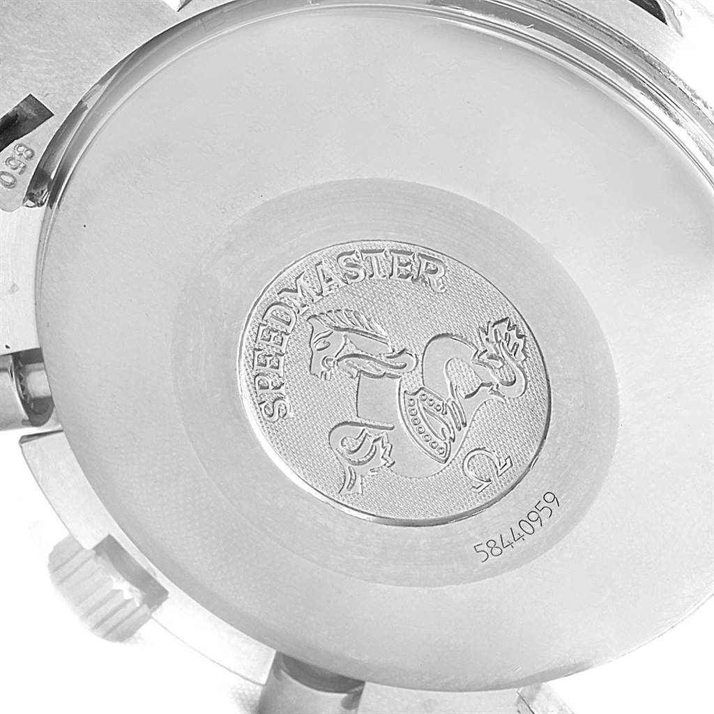 The image shows the engraved case back of an Omega Speedmaster 3523.80.00 Men's Stainless Steel Blue Dial 3523.80.00 Men's Stainless Steel Blue Dial watch.