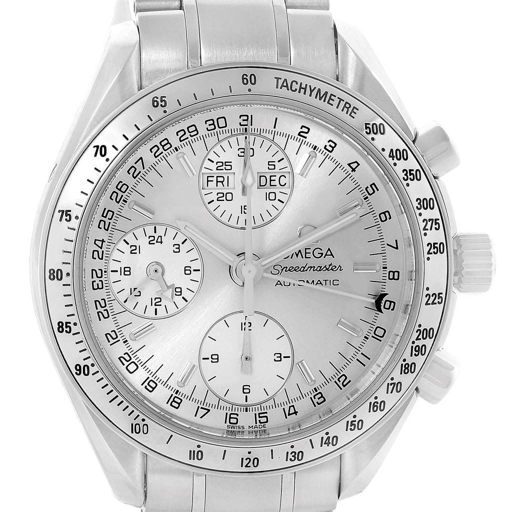This image shows a front view of the Omega Speedmaster 3523.30.00 Men
s Stainless Steel Silver Dial 3523.30.00 Men
s Stainless Steel Silver Dial watch, highlighting the face, chronographs, and tachymeter bezel.
