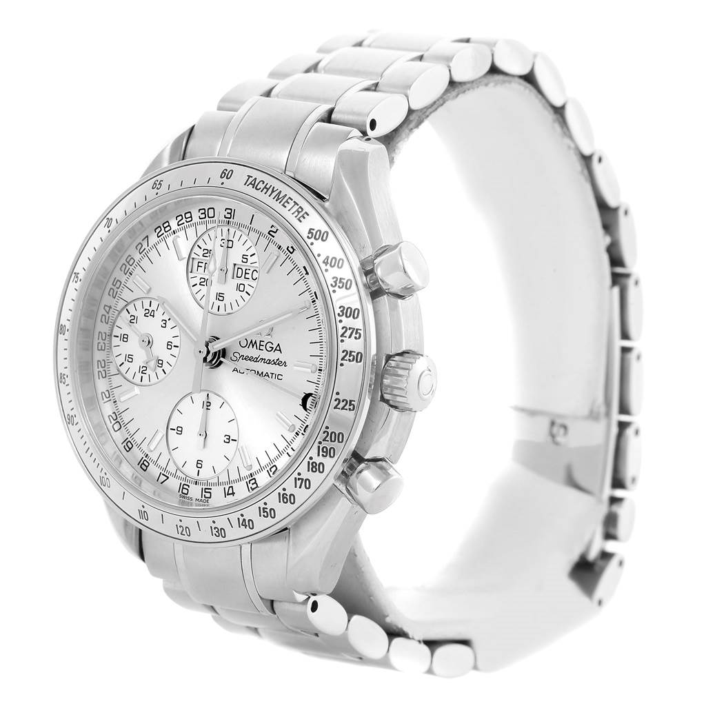 The image shows the Omega Speedmaster 3523.30.00 Men
s Stainless Steel Silver Dial 3523.30.00 Men
s Stainless Steel Silver Dial watch from a front-right angle, displaying its dial, subdials, bezel, and metallic bracelet.
