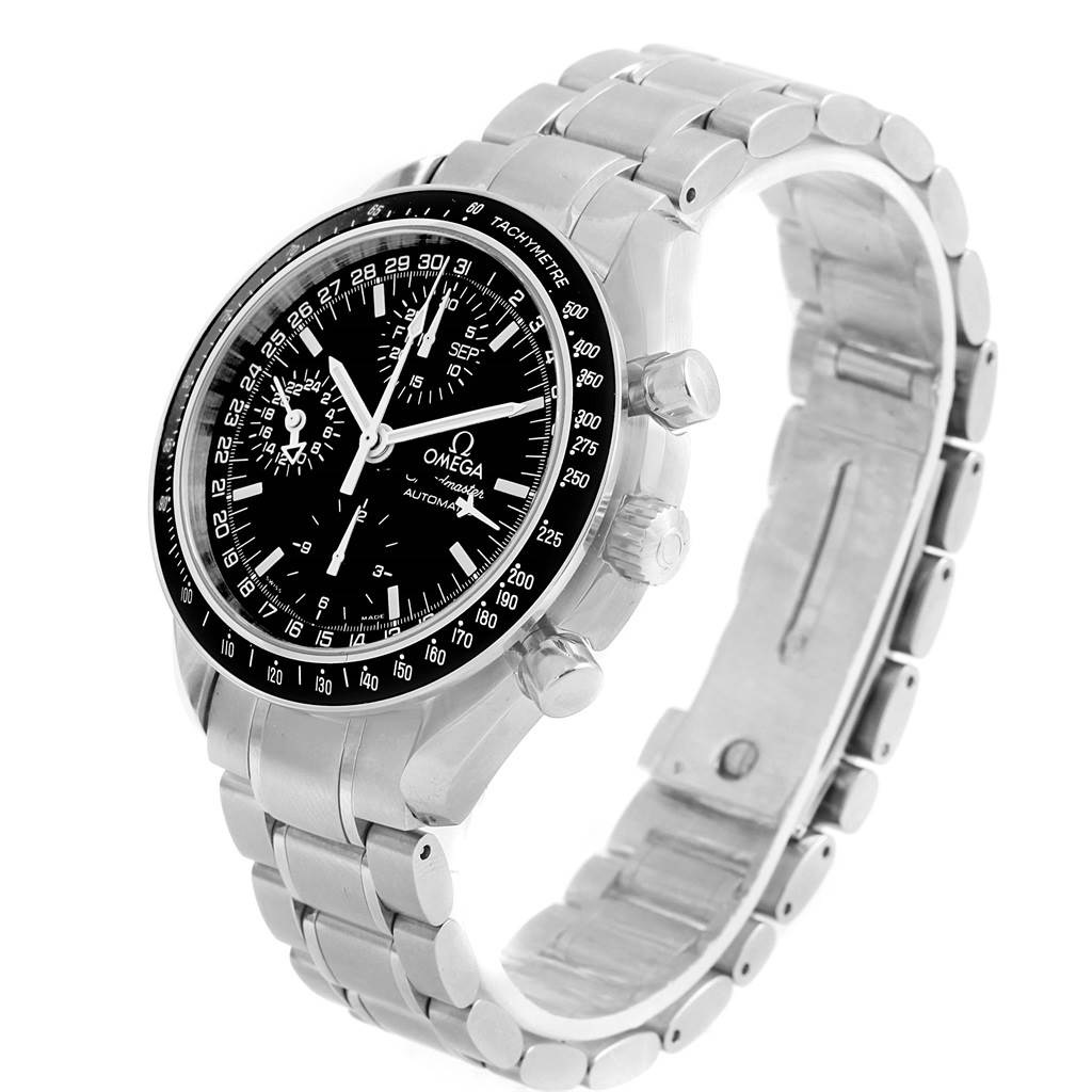 The Omega Speedmaster 3520.50.00 Men
s Stainless Steel Black Dial 3520.50.00 Men
s Stainless Steel Black Dial watch is shown at a three-quarter angle, displaying the dial, bezel, case, and bracelet.