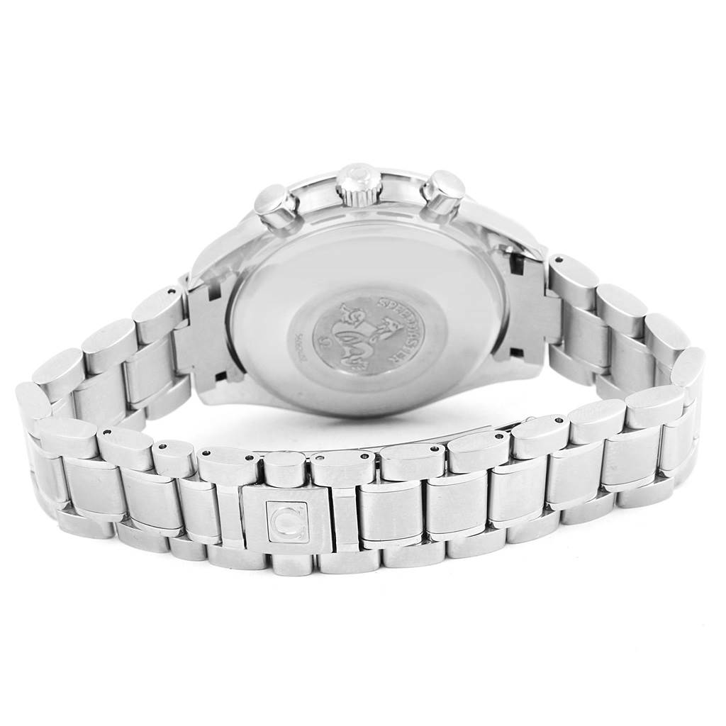 The image shows the back case, bracelet, and clasp of an Omega Speedmaster 3520.50.00 Men
s Stainless Steel Black Dial 3520.50.00 Men
s Stainless Steel Black Dial watch from a rear angle.