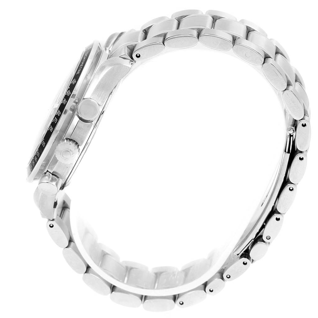 The image shows a side view of an Omega Speedmaster 3520.50.00 Men
s Stainless Steel Black Dial 3520.50.00 Men
s Stainless Steel Black Dial watch, focusing on the case, crown, and metal bracelet.