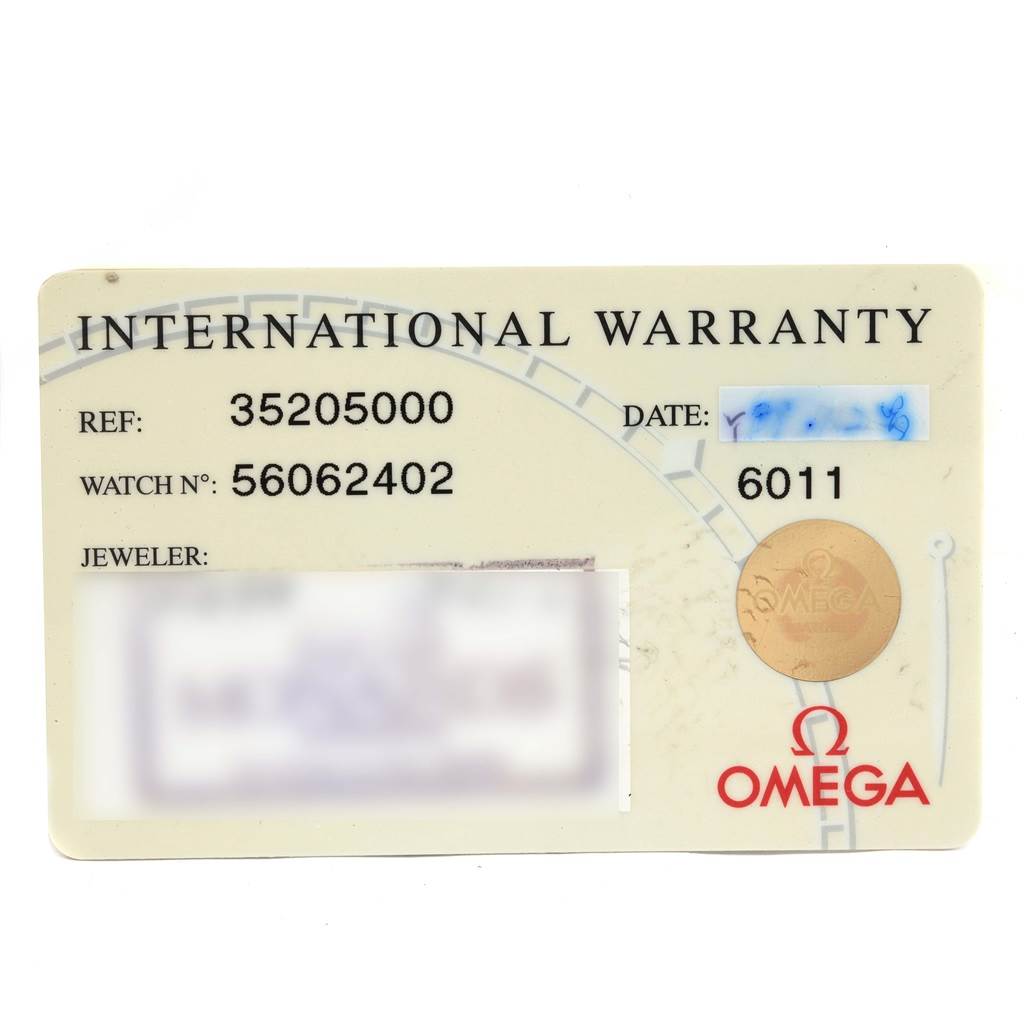 This is an international warranty card for the Omega Speedmaster 3520.50.00 Men
s Stainless Steel Black Dial 3520.50.00 Men
s Stainless Steel Black Dial model, displaying the reference and watch numbers.