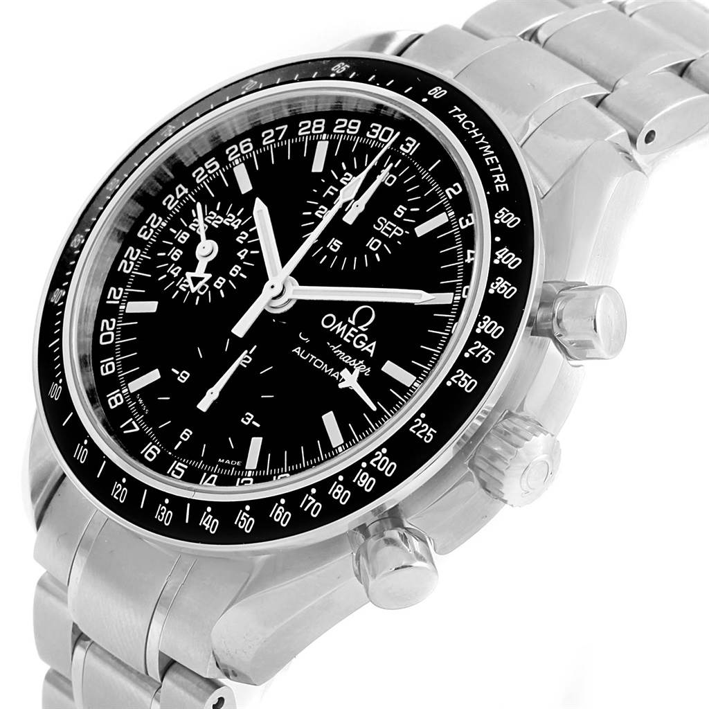 This Omega Speedmaster 3520.50.00 Men
s Stainless Steel Black Dial 3520.50.00 Men
s Stainless Steel Black Dial watch is shown at a slight side angle highlighting the face, crowns, and part of the bracelet.