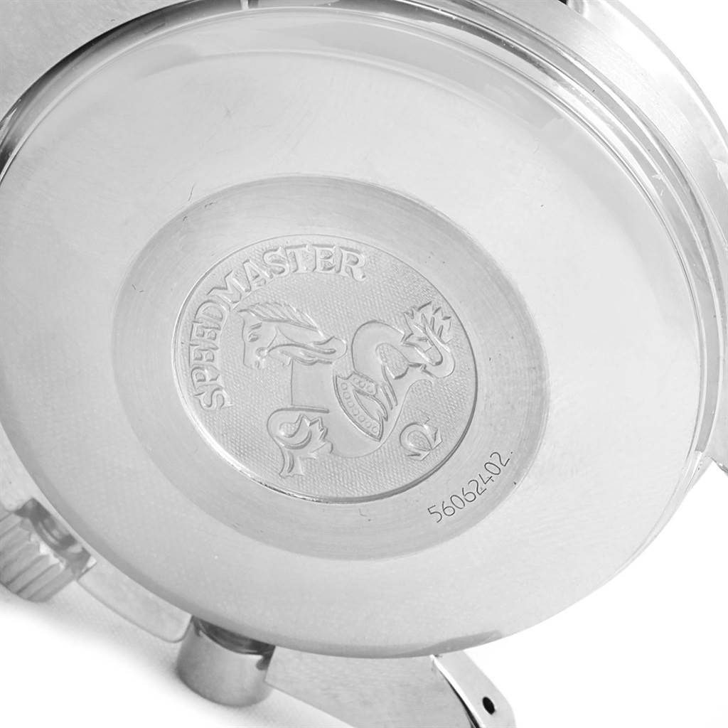 The image shows the back case of an Omega Speedmaster 3520.50.00 Men
s Stainless Steel Black Dial 3520.50.00 Men
s Stainless Steel Black Dial watch, featuring the Speedmaster logo and serial number.