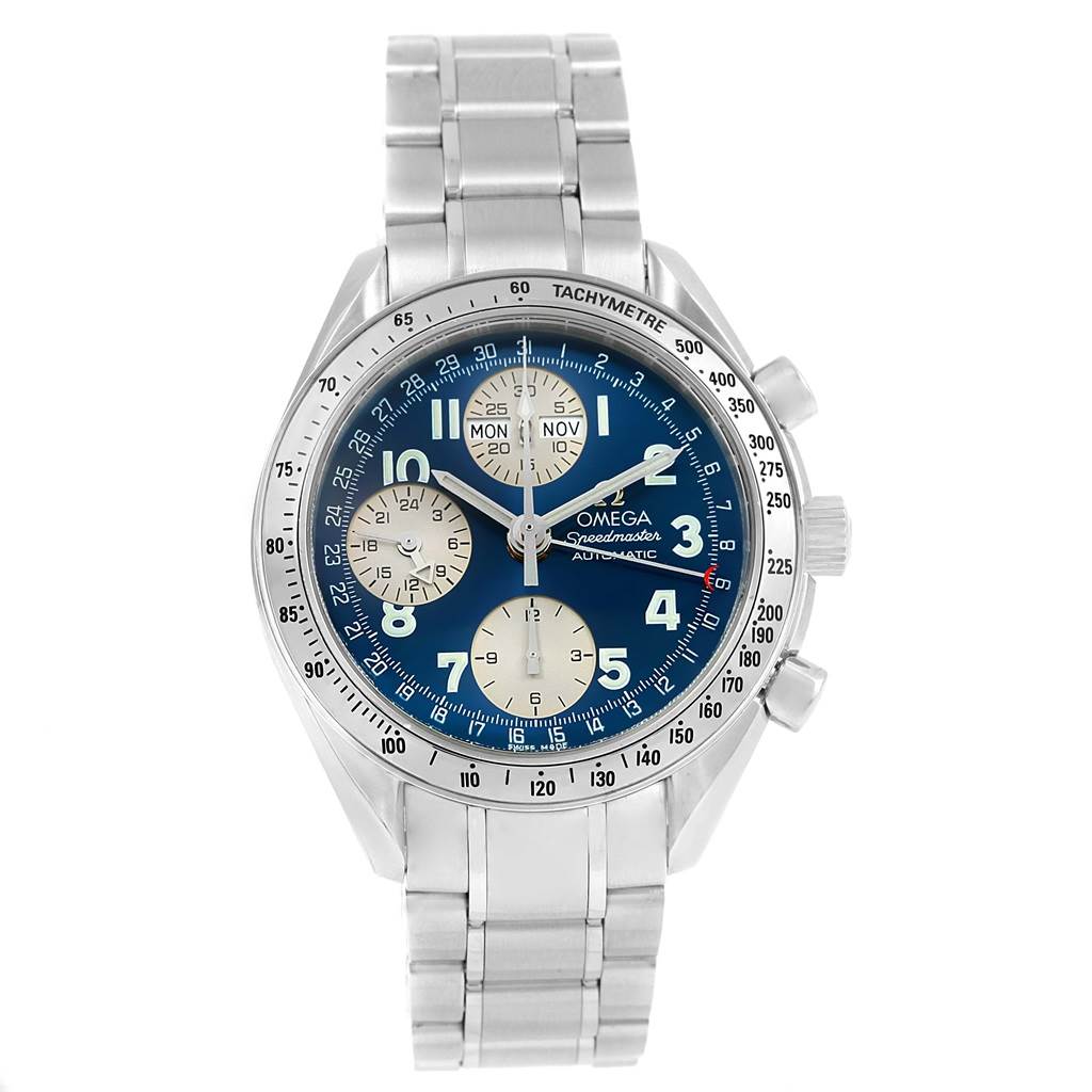 The image shows a frontal view of an Omega Speedmaster 3523.81.00 Men's Stainless Steel Blue Dial 3523.81.00 Men's Stainless Steel Blue Dial watch with a stainless steel bracelet and a blue dial.