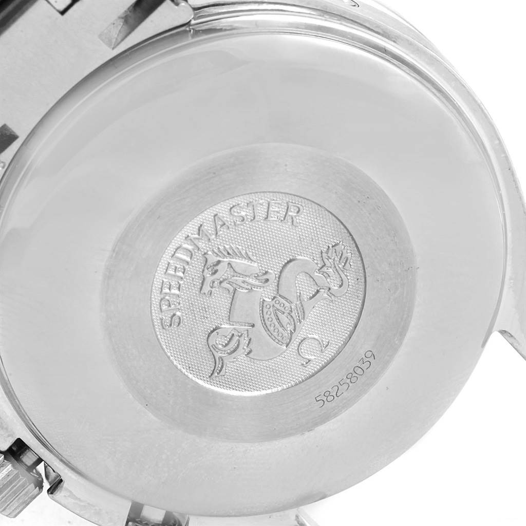 The image shows the back case of an Omega Speedmaster 3523.81.00 Men's Stainless Steel Blue Dial 3523.81.00 Men's Stainless Steel Blue Dial watch, featuring an engraved logo and serial number.