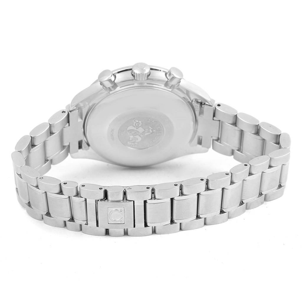 This image shows the back and bracelet of an Omega Speedmaster 3523.81.00 Men's Stainless Steel Blue Dial 3523.81.00 Men's Stainless Steel Blue Dial watch, highlighting the case back and clasp.