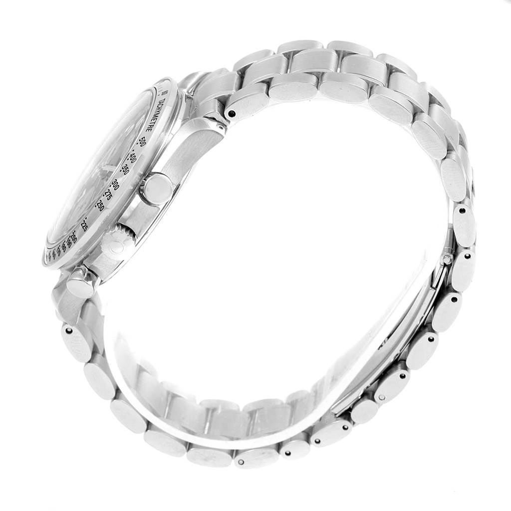 This image shows a side view of the Omega Speedmaster 3523.81.00 Men's Stainless Steel Blue Dial 3523.81.00 Men's Stainless Steel Blue Dial watch, highlighting the case, crown, pushers, and stainless steel bracelet.