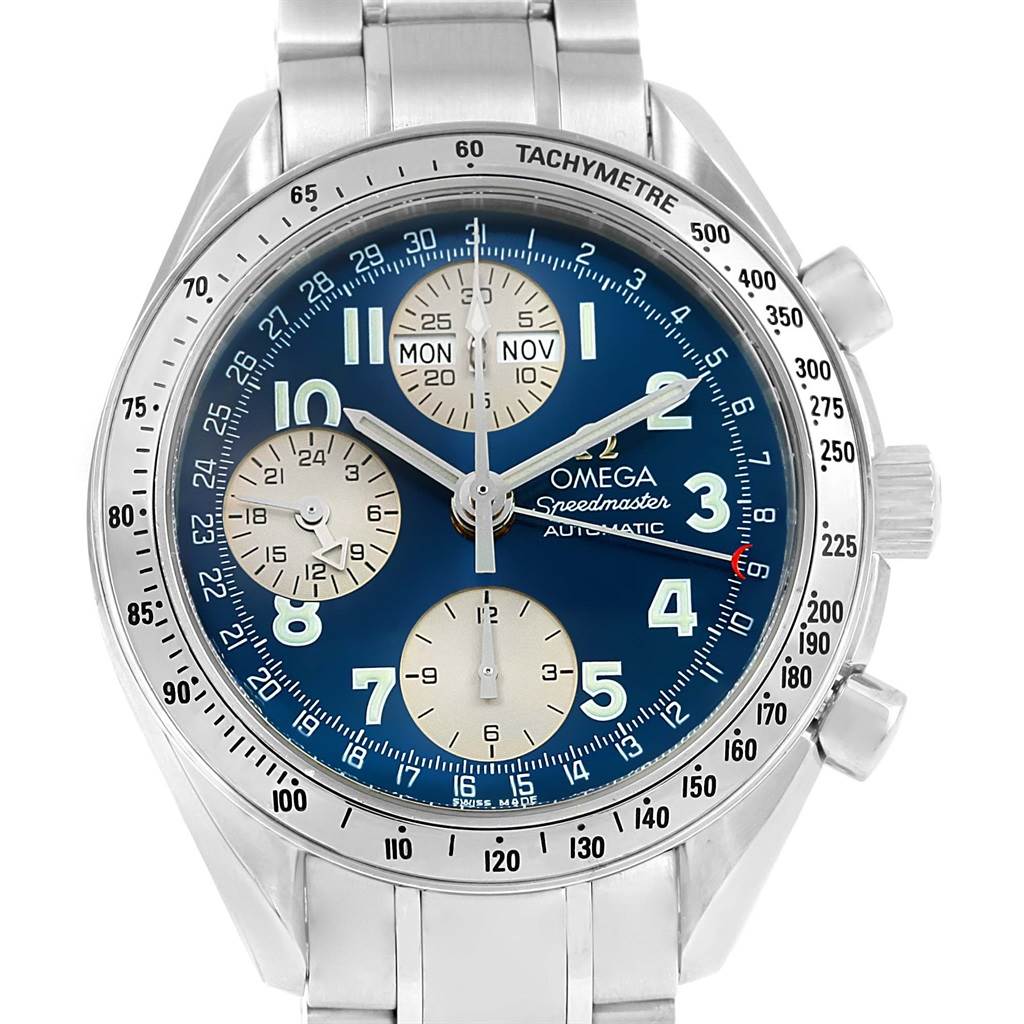 Front view of the Omega Speedmaster 3523.81.00 Men's Stainless Steel Blue Dial 3523.81.00 Men's Stainless Steel Blue Dial watch, showing the blue dial, sub-dials, date, and stainless steel bracelet.