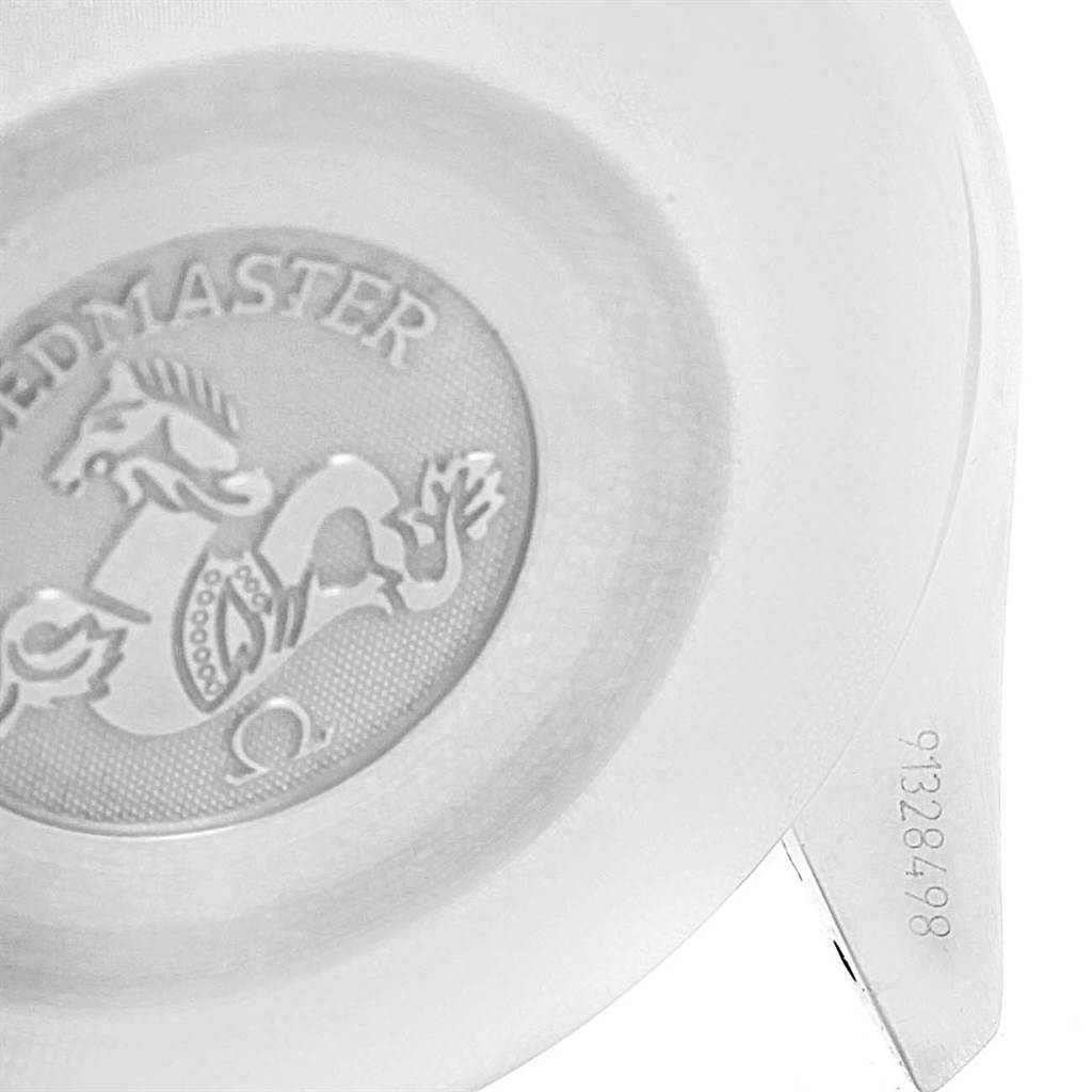 This image shows the case back of an Omega Speedmaster 3539.50.00 Men
s Stainless Steel Black Dial 3539.50.00 Men
s Stainless Steel Black Dial watch, highlighting the embossed logo and serial number.