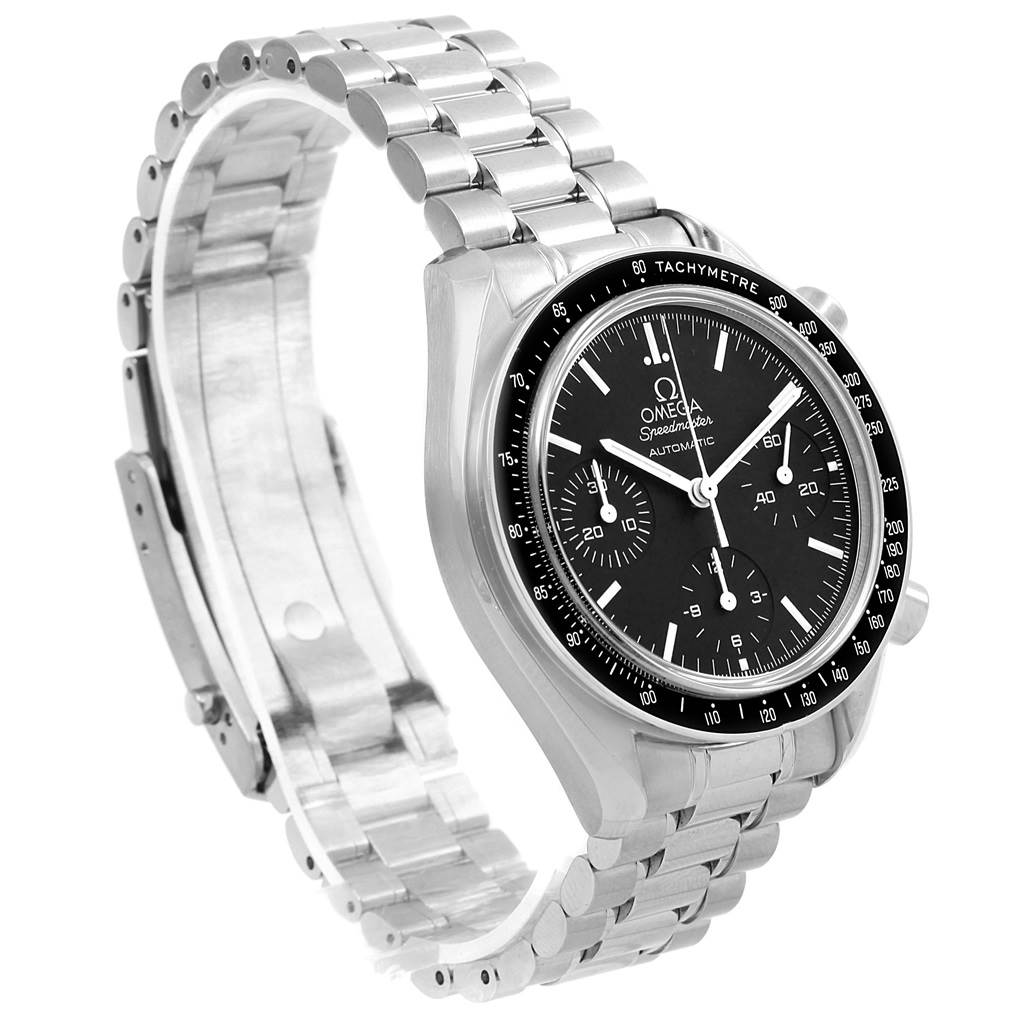 The Omega Speedmaster 3539.50.00 Men
s Stainless Steel Black Dial 3539.50.00 Men
s Stainless Steel Black Dial watch is shown at an angled side view, displaying the face, bezel, and bracelet.