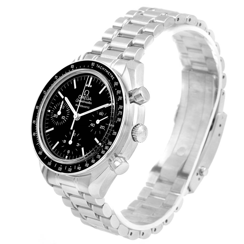 The image shows an angled view of an Omega Speedmaster 3539.50.00 Men
s Stainless Steel Black Dial 3539.50.00 Men
s Stainless Steel Black Dial watch, highlighting the dial, bezel, pushers, crown, and bracelet.