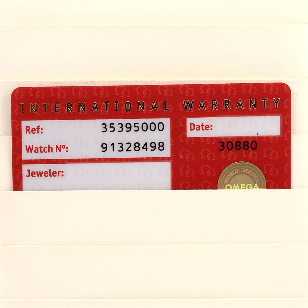 This image shows the International Warranty card for the Omega Speedmaster 3539.50.00 Men
s Stainless Steel Black Dial 3539.50.00 Men
s Stainless Steel Black Dial watch.