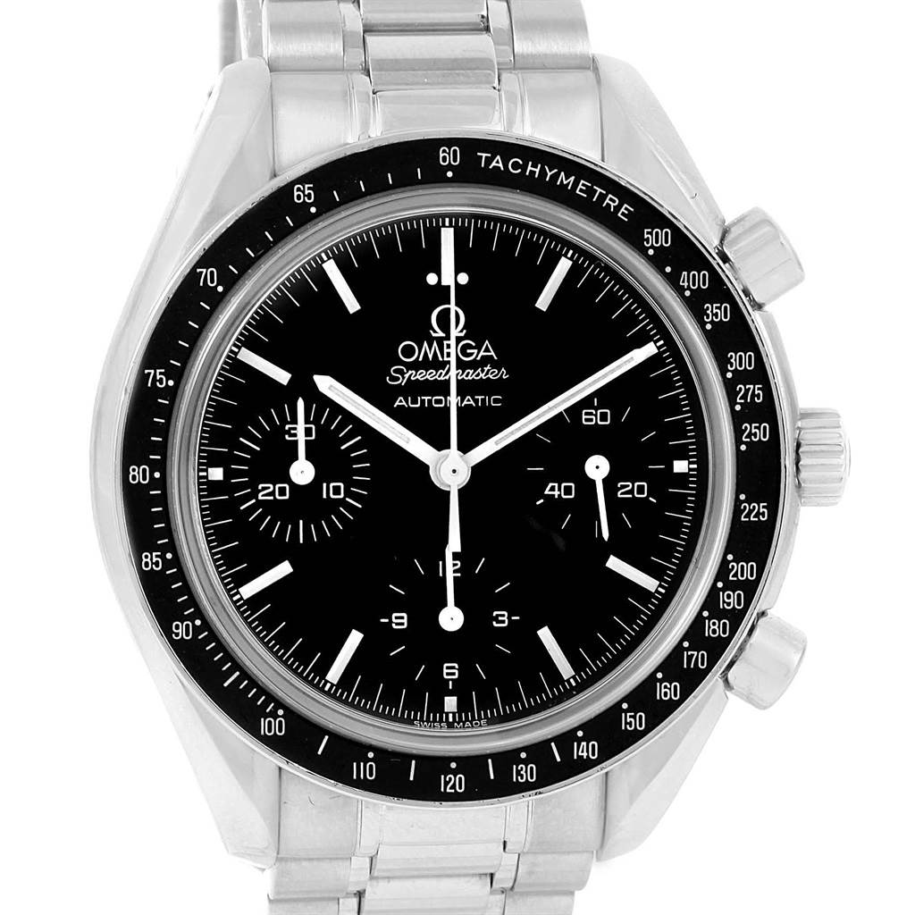 The Omega Speedmaster 3539.50.00 Men
s Stainless Steel Black Dial 3539.50.00 Men
s Stainless Steel Black Dial watch is shown from a front angle, featuring a black dial, chronograph subdials, and tachymeter bezel.
