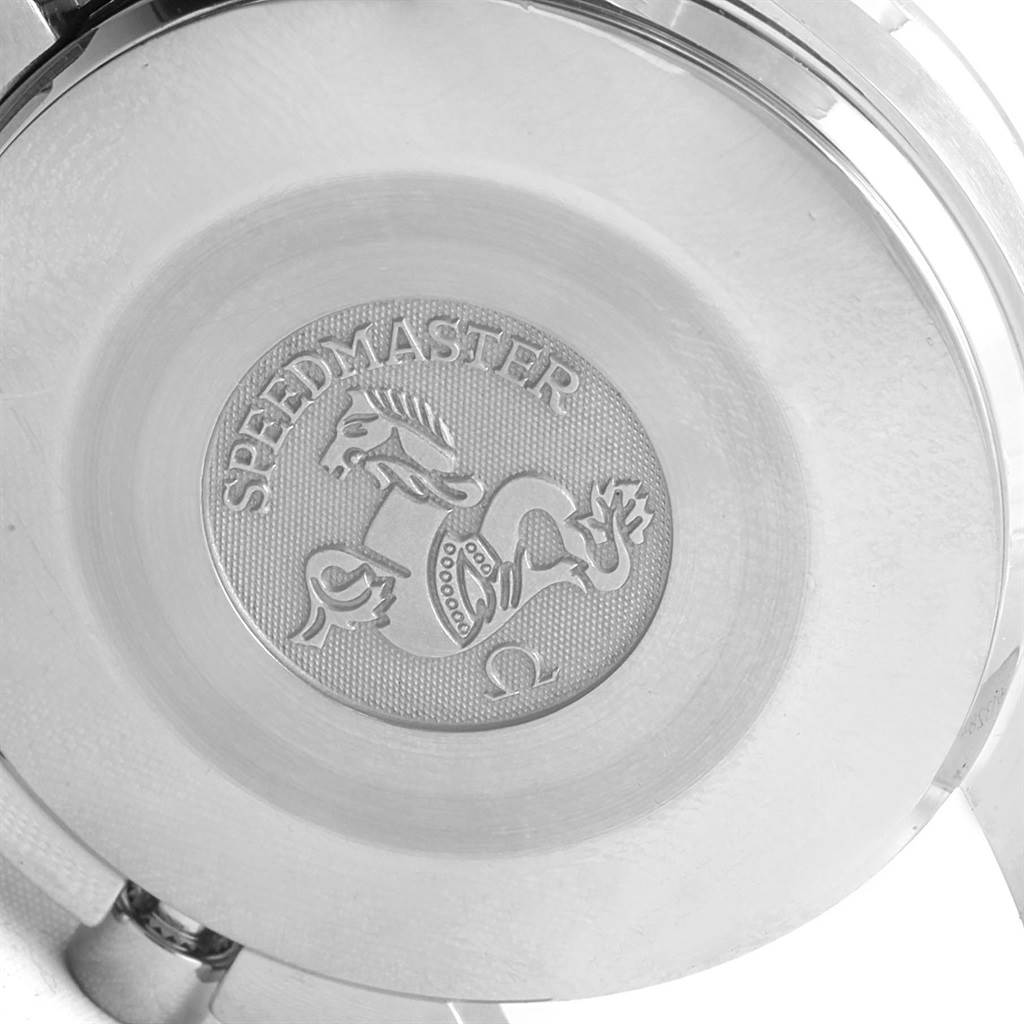 This image shows the engraved case back of an Omega Speedmaster 3539.50.00 Men
s Stainless Steel Black Dial 3539.50.00 Men
s Stainless Steel Black Dial watch.