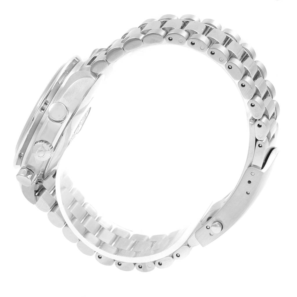 The image shows a side view of an Omega Speedmaster 3539.50.00 Men
s Stainless Steel Black Dial 3539.50.00 Men
s Stainless Steel Black Dial watch, including its case, crown, pushers, and metal bracelet.