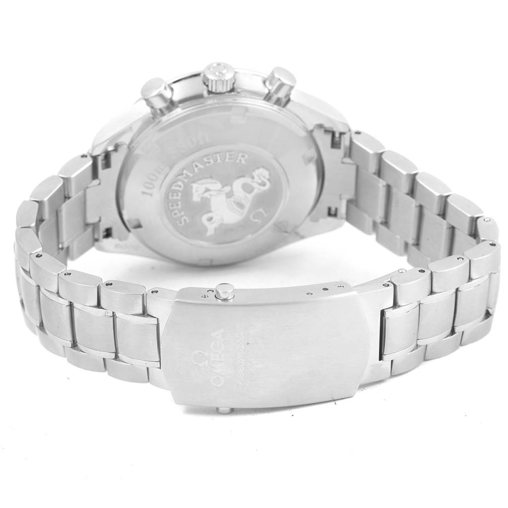 The image shows the back case, pushers, and bracelet of an Omega Speedmaster 323.30.40.40.06.001 Men's Stainless Steel Grey Dial 323.30.40.40.06.001 Men's Stainless Steel Grey Dial watch.