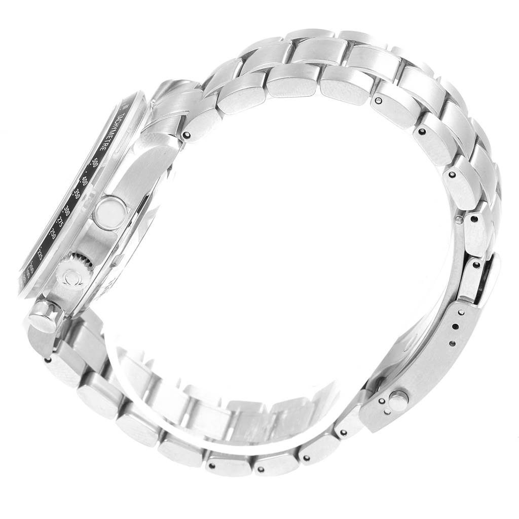 The image shows the side profile and bracelet of an Omega Speedmaster 323.30.40.40.06.001 Men's Stainless Steel Grey Dial 323.30.40.40.06.001 Men's Stainless Steel Grey Dial watch, highlighting the stainless steel links and case.