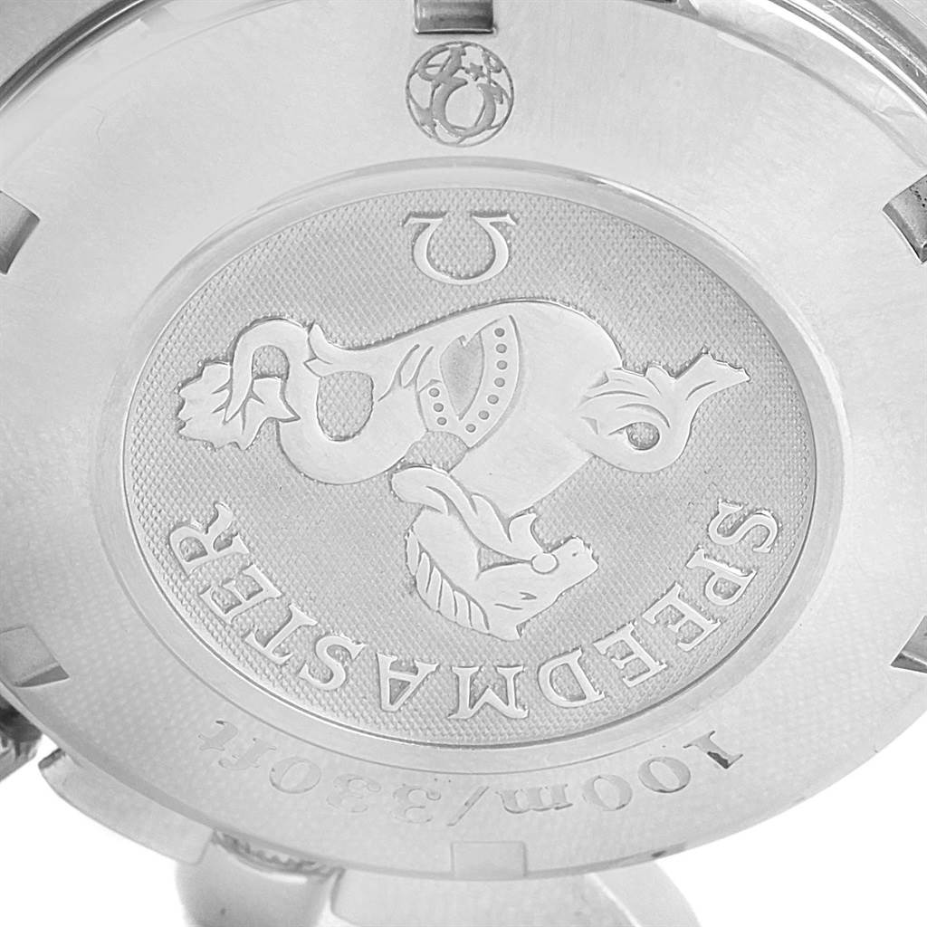 The image shows the engraved case back of an Omega Speedmaster 323.30.40.40.06.001 Men's Stainless Steel Grey Dial 323.30.40.40.06.001 Men's Stainless Steel Grey Dial watch, featuring the Speedmaster name and logo.