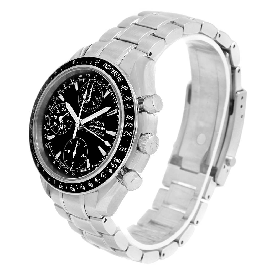 The Omega Speedmaster 3220.50.00 Men
s Stainless Steel Black Dial 3220.50.00 Men
s Stainless Steel Black Dial watch is shown at a slight angle, highlighting the black dial, tachymeter bezel, chronograph subdials, and stainless steel bracelet.