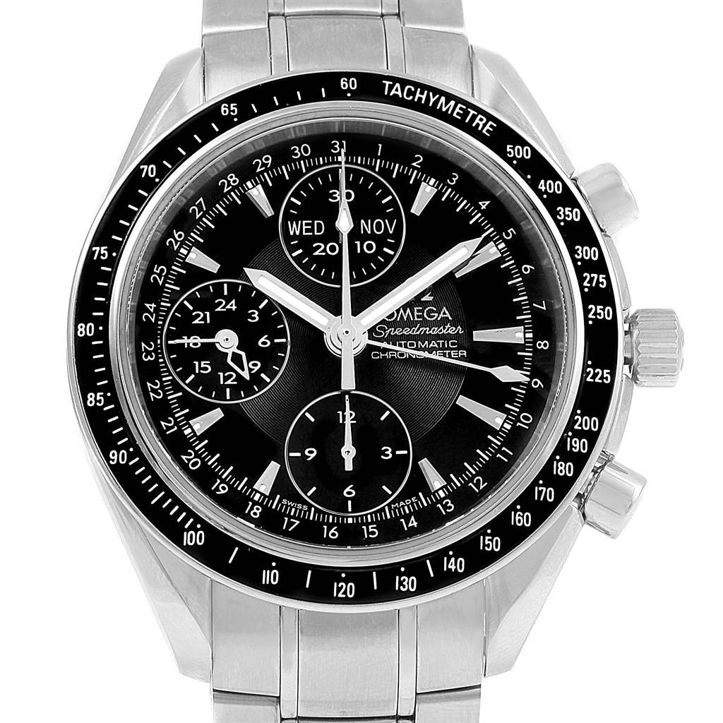 This image shows a frontal view of the Omega Speedmaster 3220.50.00 Men
s Stainless Steel Black Dial 3220.50.00 Men
s Stainless Steel Black Dial watch displaying its chronograph dials and tachymeter bezel.