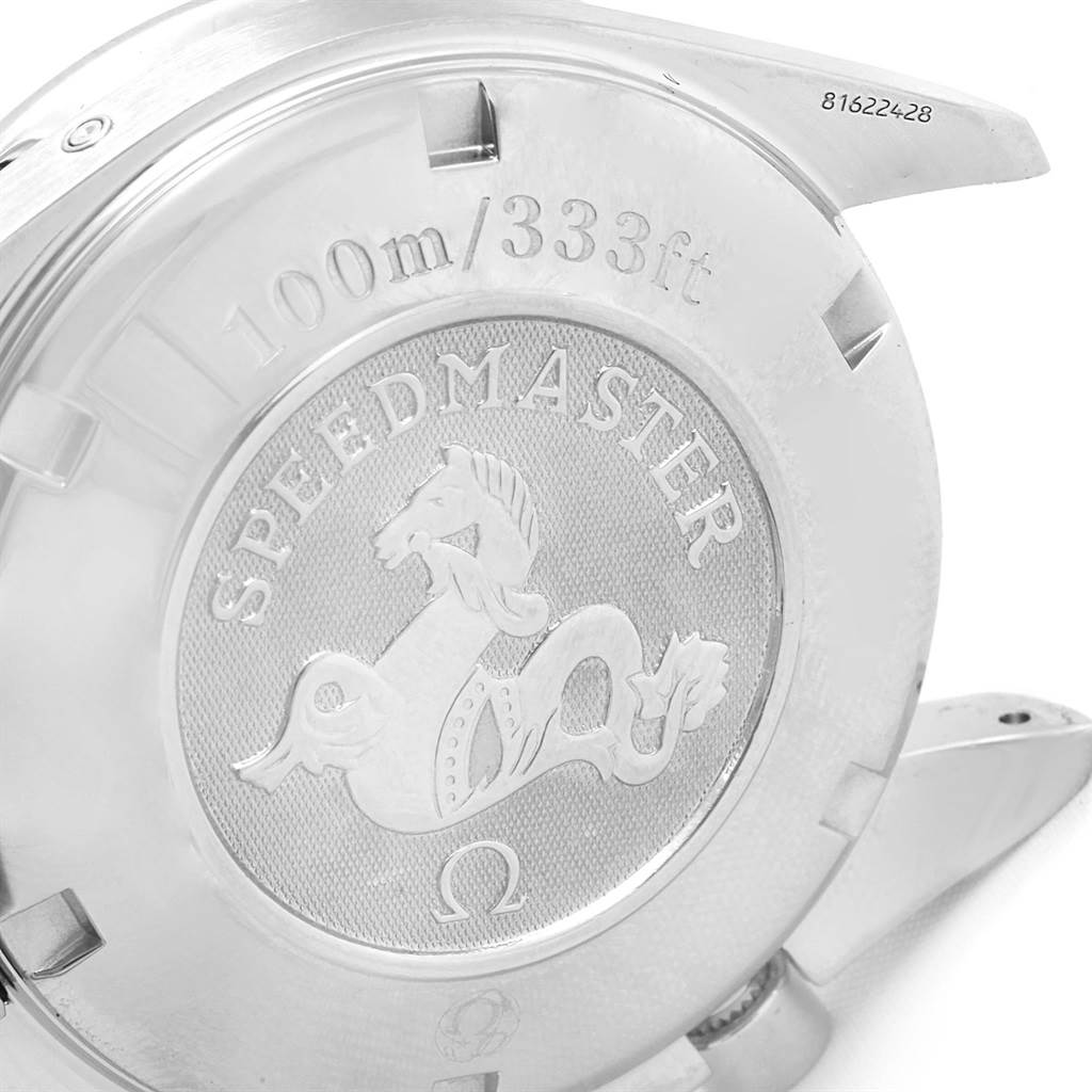 The image shows the back case of an Omega Speedmaster 3220.50.00 Men
s Stainless Steel Black Dial 3220.50.00 Men
s Stainless Steel Black Dial watch, highlighting its logo and water resistance details.