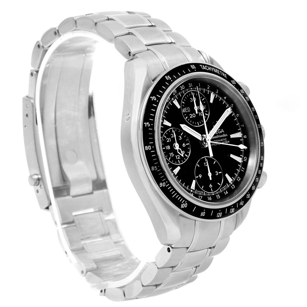 The Omega Speedmaster 3220.50.00 Men
s Stainless Steel Black Dial 3220.50.00 Men
s Stainless Steel Black Dial watch is displayed at an angle showcasing its face, bezel, and stainless steel bracelet.