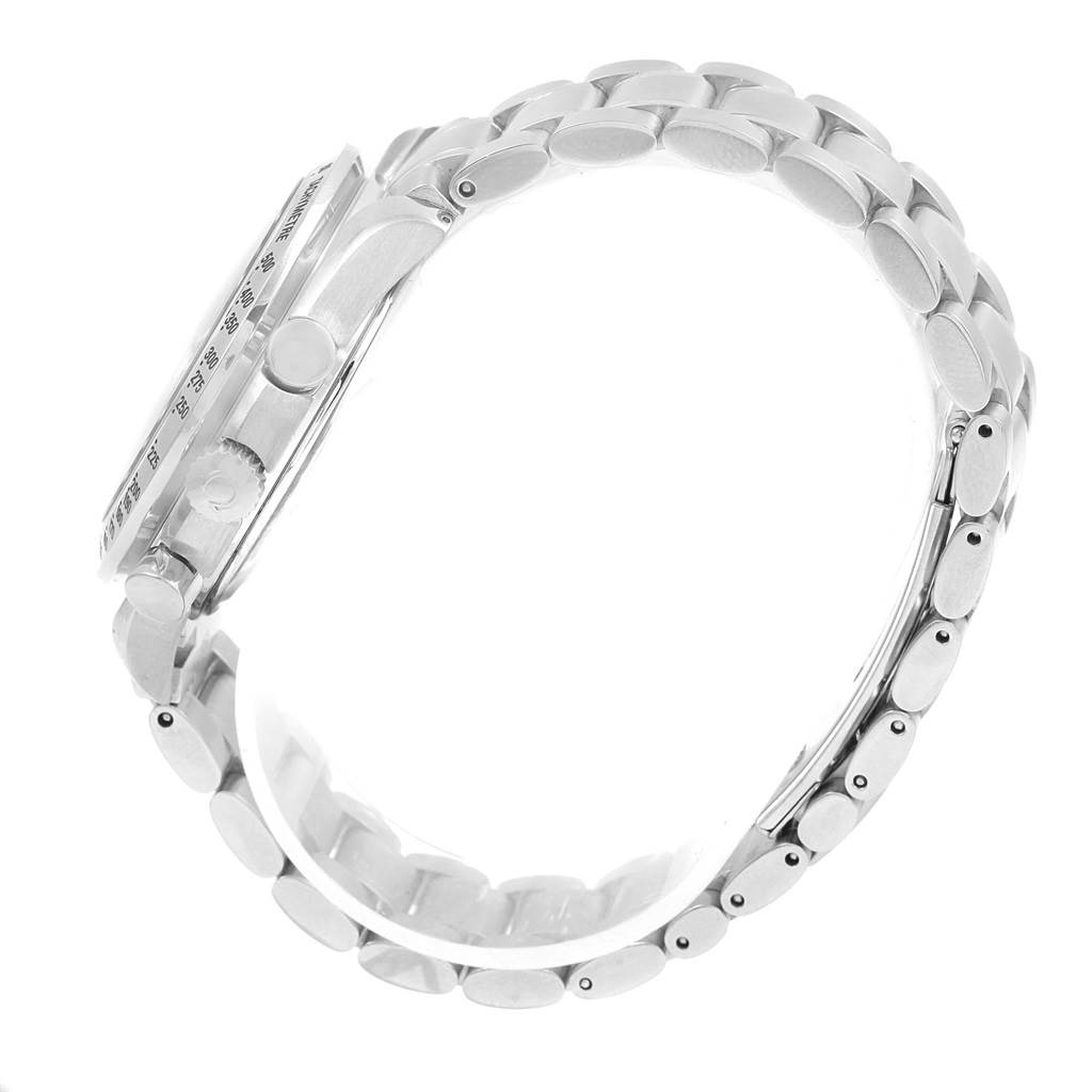 This image shows a side view of an Omega Speedmaster 3523.80.00 Men
s Stainless Steel Blue Dial 3523.80.00 Men
s Stainless Steel Blue Dial watch, highlighting the bracelet, case, and crown.