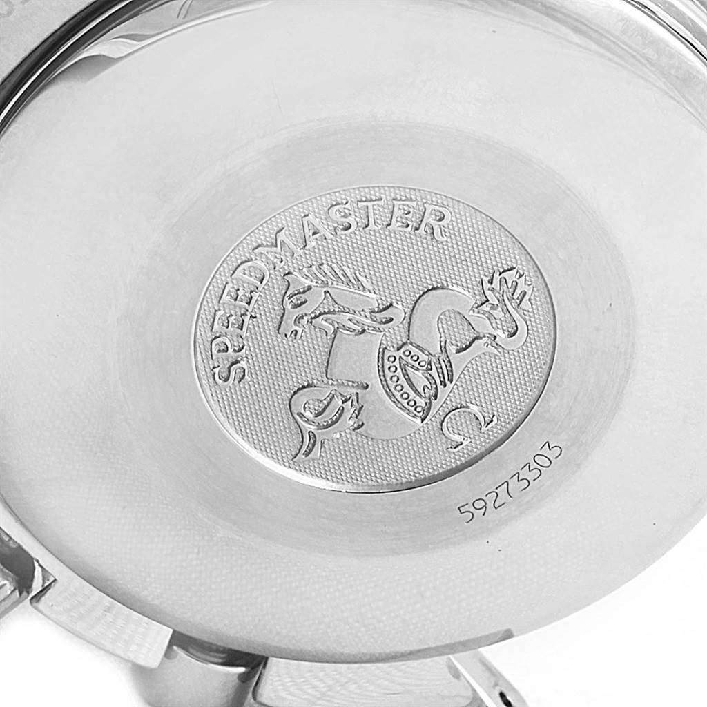 This image shows the case back of an Omega Speedmaster 3523.80.00 Men
s Stainless Steel Blue Dial 3523.80.00 Men
s Stainless Steel Blue Dial watch with the Speedmaster logo engraved.