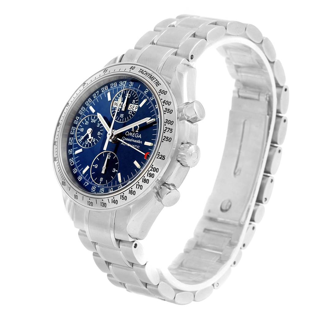 The image shows an Omega Speedmaster 3523.80.00 Men
s Stainless Steel Blue Dial 3523.80.00 Men
s Stainless Steel Blue Dial watch at a three-quarter angle, highlighting its dial, bezel, bracelet, and pushers.
