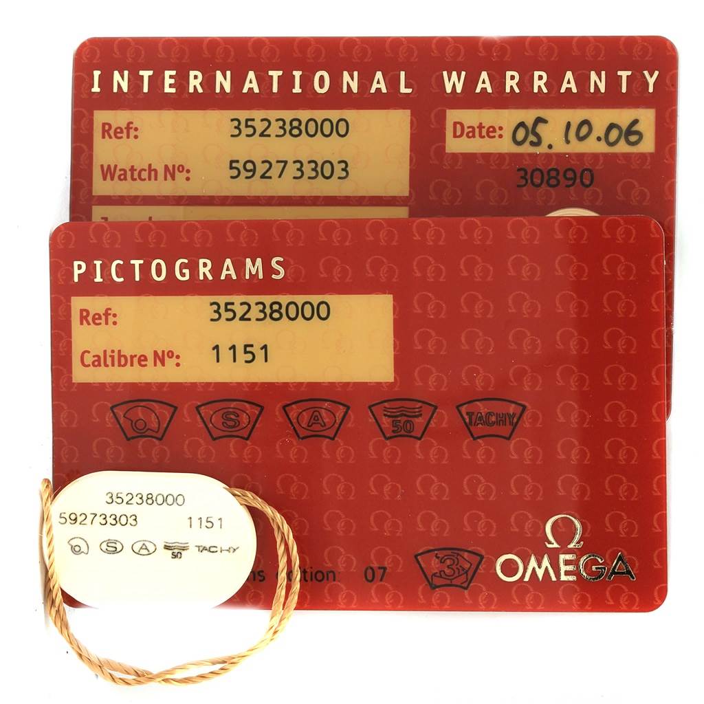 The image shows the international warranty card and pictograms for an Omega Speedmaster 3523.80.00 Men
s Stainless Steel Blue Dial 3523.80.00 Men
s Stainless Steel Blue Dial watch, along with a tag.