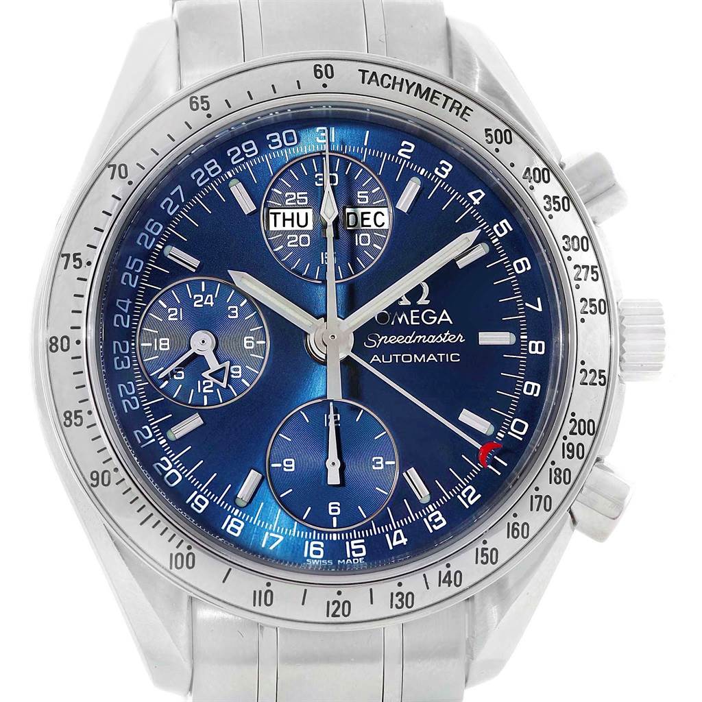 This image shows a front view of the Omega Speedmaster 3523.80.00 Men
s Stainless Steel Blue Dial 3523.80.00 Men
s Stainless Steel Blue Dial watch, showcasing the dial, bezel, and pushers.