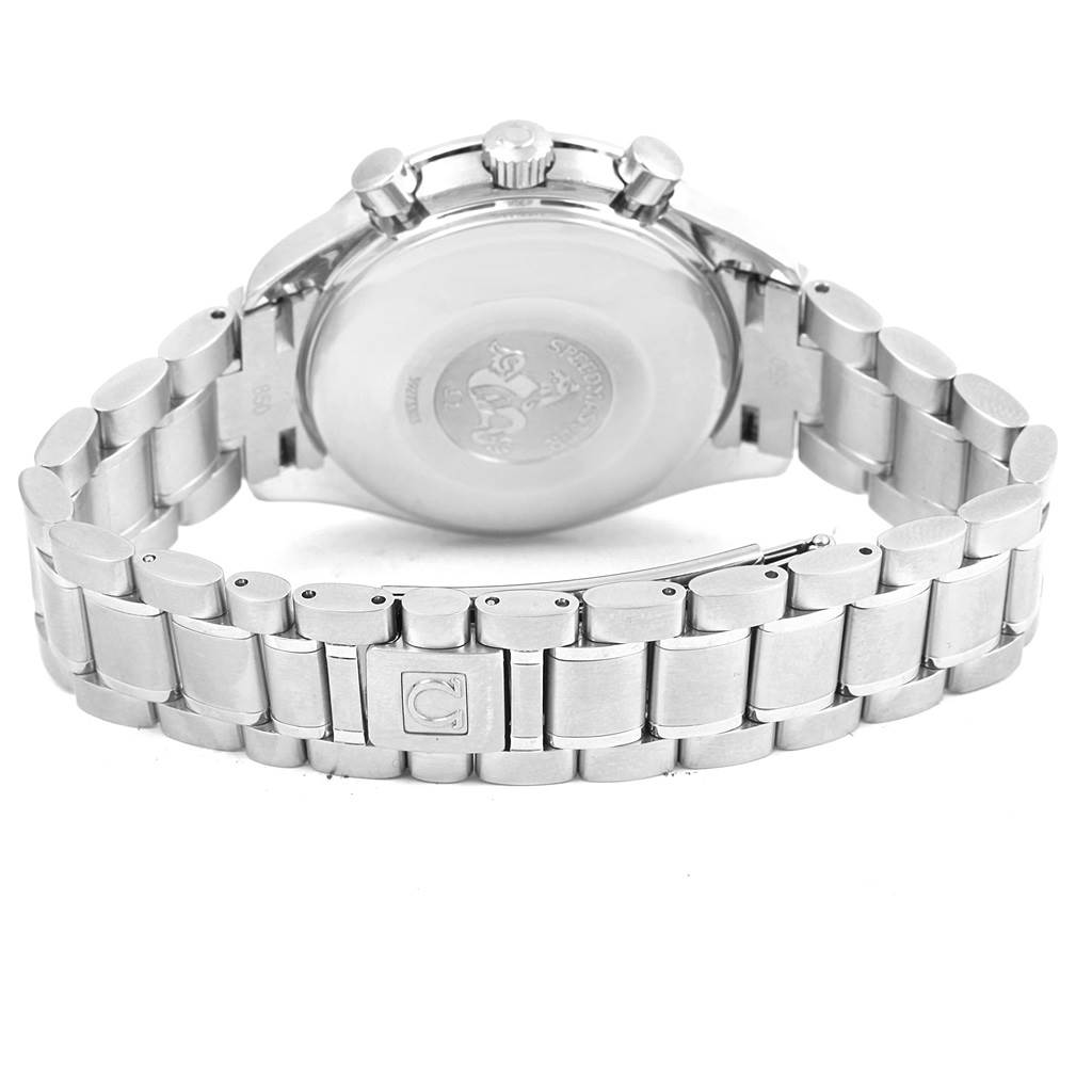 The image shows the back case, clasp, and bracelet of the Omega Speedmaster 3523.80.00 Men
s Stainless Steel Blue Dial 3523.80.00 Men
s Stainless Steel Blue Dial watch from a rear angle.
