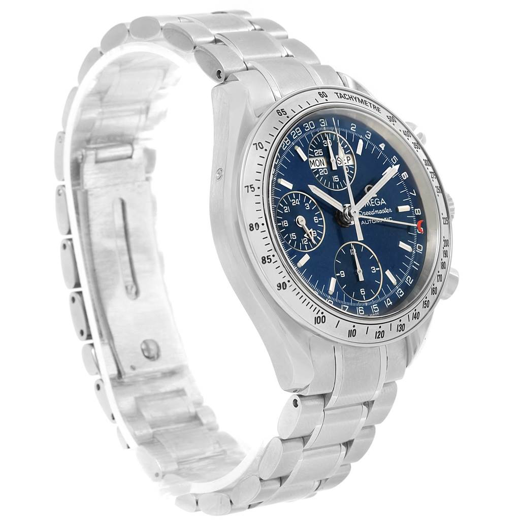 The image shows an Omega Speedmaster 3523.80.00 Men
s Stainless Steel Blue Dial 3523.80.00 Men
s Stainless Steel Blue Dial watch at a three-quarter angle displaying its face and stainless steel bracelet.