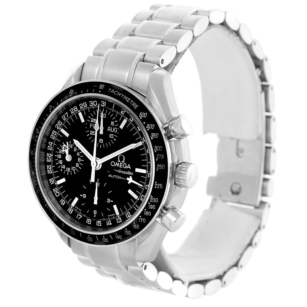 This image shows an Omega Speedmaster 3520.50.00 Men
s Stainless Steel Black Dial 3520.50.00 Men
s Stainless Steel Black Dial watch angled slightly from the front, highlighting its face, bezel, pushers, and bracelet.