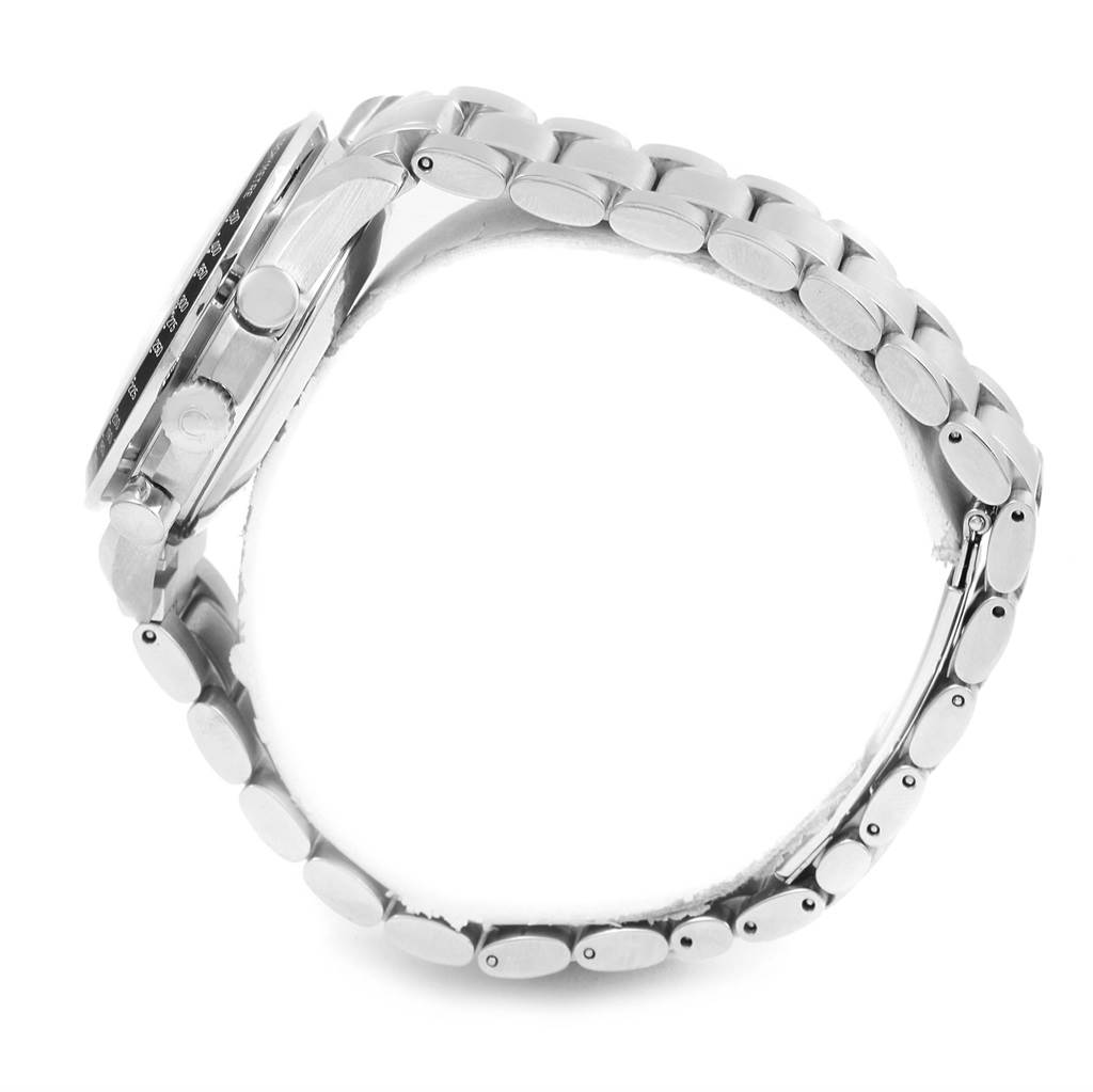 The image shows a side profile of an Omega Speedmaster 3520.50.00 Men
s Stainless Steel Black Dial 3520.50.00 Men
s Stainless Steel Black Dial watch, highlighting the case and metal bracelet.