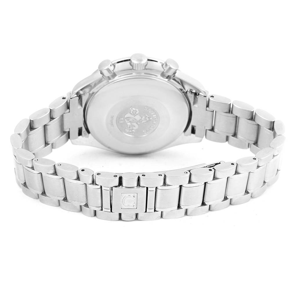 The image shows the back and bracelet of an Omega Speedmaster 3520.50.00 Men
s Stainless Steel Black Dial 3520.50.00 Men
s Stainless Steel Black Dial watch from a rear angle.