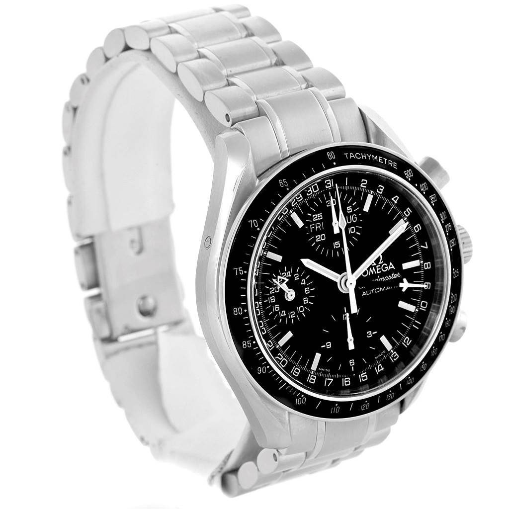 The image shows an Omega Speedmaster 3520.50.00 Men
s Stainless Steel Black Dial 3520.50.00 Men
s Stainless Steel Black Dial watch from a side angle, highlighting its metal bracelet and detailed black dial.
