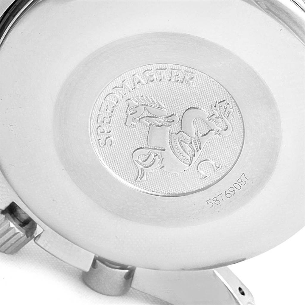 The image shows the case back of an Omega Speedmaster 3520.50.00 Men
s Stainless Steel Black Dial 3520.50.00 Men
s Stainless Steel Black Dial watch engraved with the Speedmaster logo and a portion of the serial number.