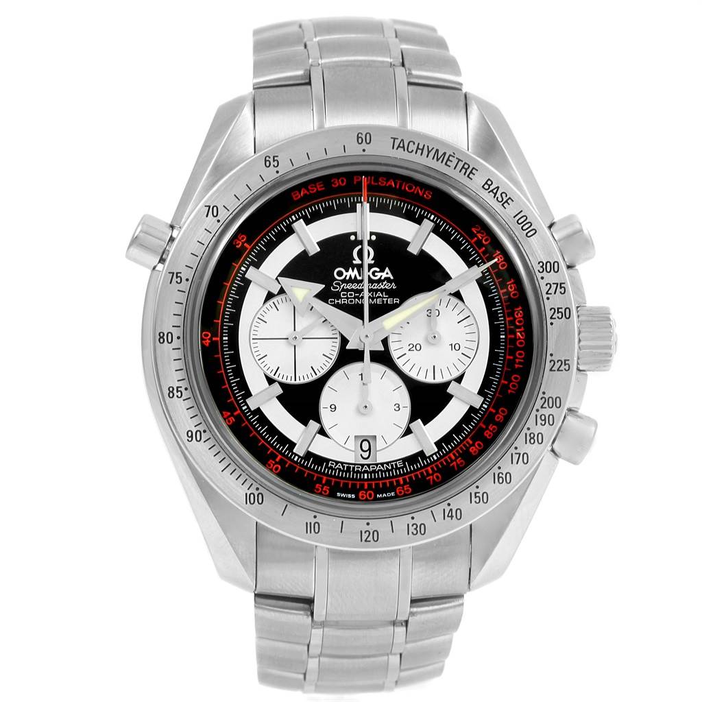 The image shows a frontal view of an Omega Speedmaster 3582.51.00 Men's Stainless Steel Black Dial 3582.51.00 Men's Stainless Steel Black Dial watch, highlighting the dial, bezel, and metal bracelet.