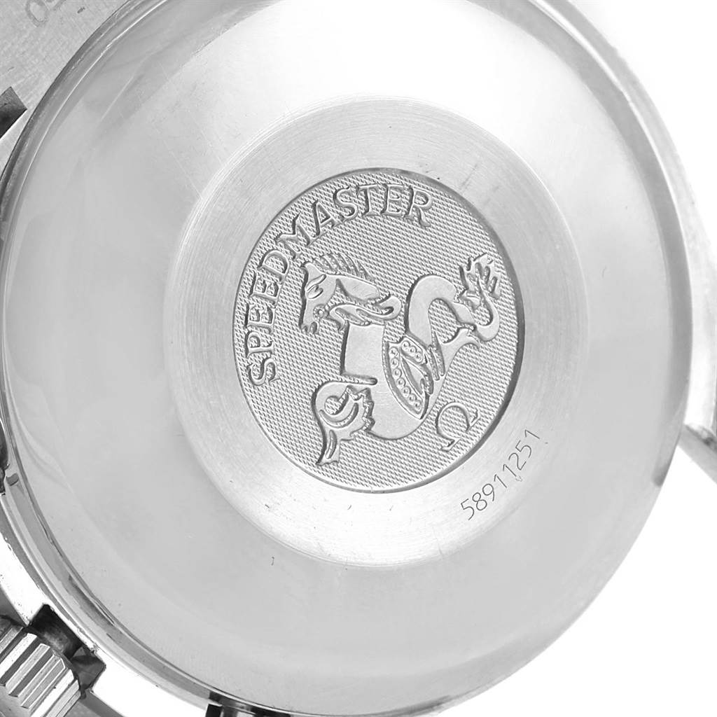 The image shows the engraved case back of an Omega Speedmaster 3523.80.00 Men
s Stainless Steel Blue Dial 3523.80.00 Men
s Stainless Steel Blue Dial watch featuring its logo and serial number.