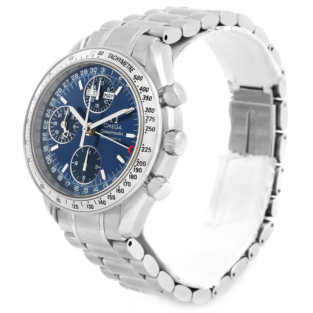 This image shows a side angle of the Omega Speedmaster 3523.80.00 Men
s Stainless Steel Blue Dial 3523.80.00 Men
s Stainless Steel Blue Dial watch, highlighting the face, tachymeter, crown, push buttons, and bracelet.