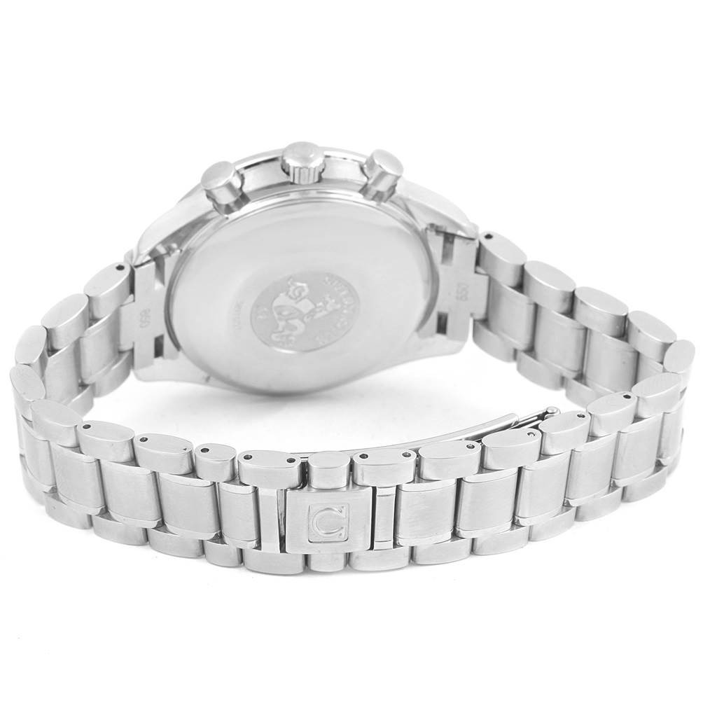 The image shows the back and bracelet of an Omega Speedmaster 3523.80.00 Men
s Stainless Steel Blue Dial 3523.80.00 Men
s Stainless Steel Blue Dial watch from a rear angle.