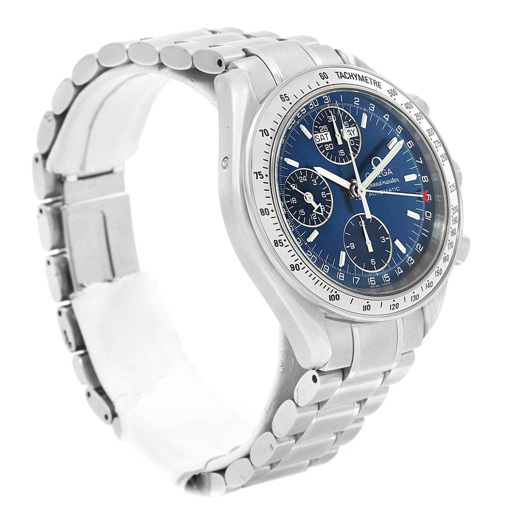 This Omega Speedmaster 3523.80.00 Men
s Stainless Steel Blue Dial 3523.80.00 Men
s Stainless Steel Blue Dial watch is shown at a slight angle, highlighting the dial and bracelet.