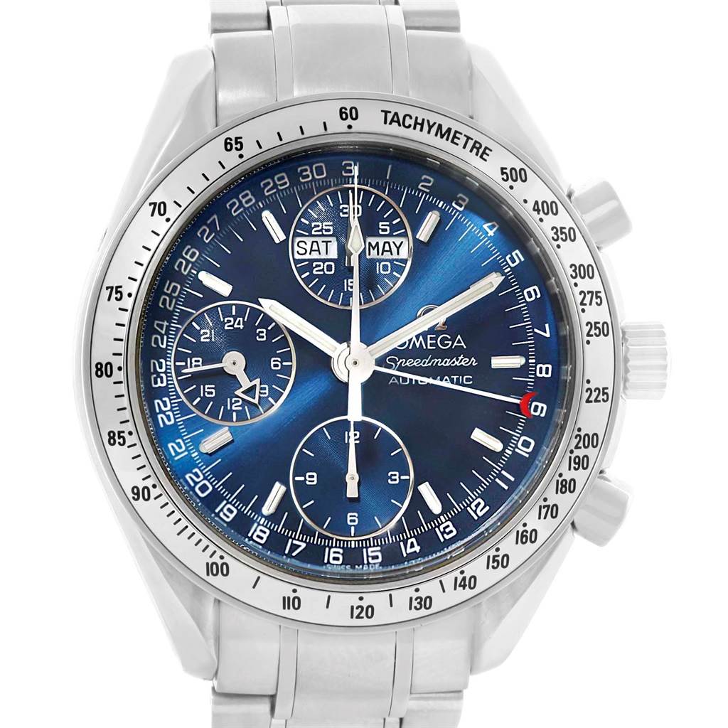 The image shows a front view of an Omega Speedmaster 3523.80.00 Men
s Stainless Steel Blue Dial 3523.80.00 Men
s Stainless Steel Blue Dial watch, highlighting its dial, tachymeter, and sub-dials.